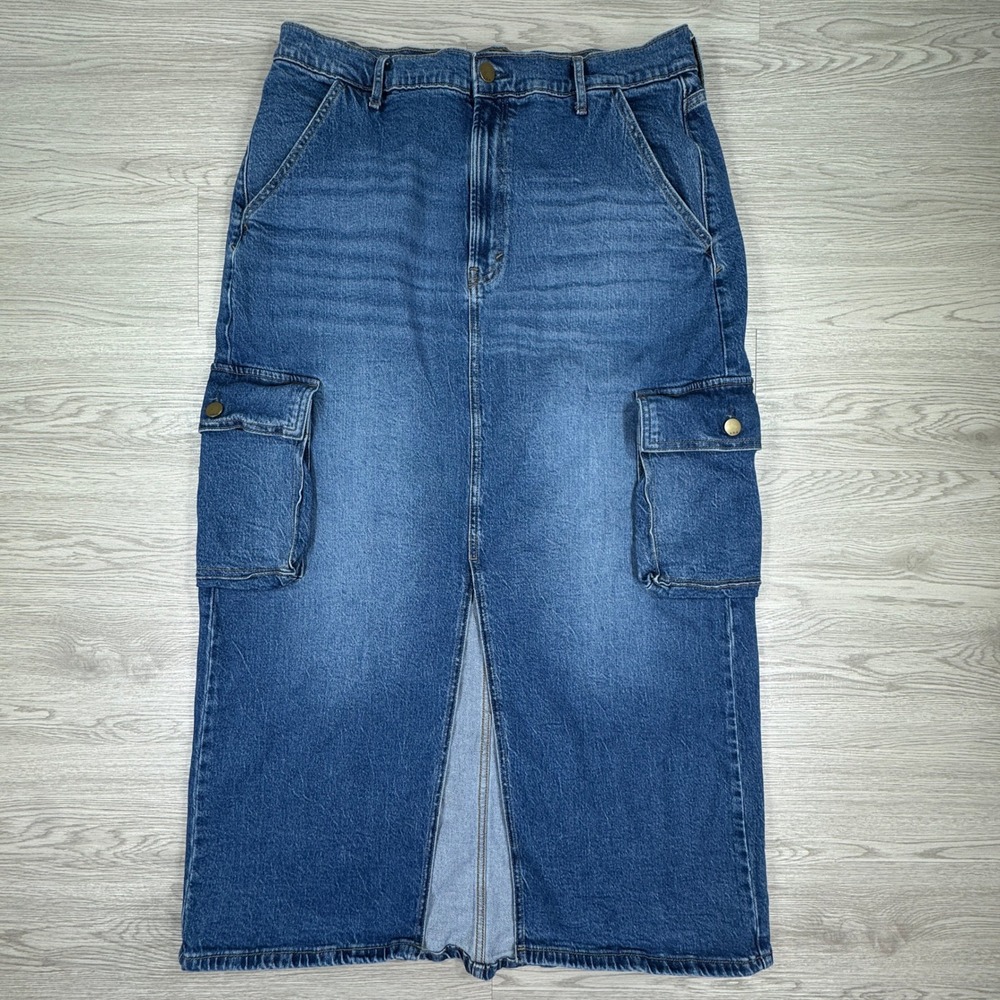 a.n.a Women Skirt High Rise Denim Cargo Midi Blue 18 Front Slit Utility Pockets